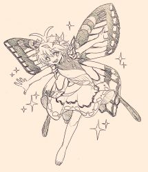Rule 34 | 1girl, antennae, bad anatomy, bad leg, barefoot, blush, butterfly wings, dress, eternity larva, fairy, full body, hair between eyes, highres, insect wings, leaf, leaf on head, monochrome, multicolored clothes, multicolored dress, open mouth, outstretched arms, pekepeke (toho jk), short hair, short sleeves, single strap, sketch, smile, solo, sparkle, spread arms, touhou, wings