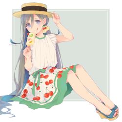 Rule 34 | 1girl, :q, alternate costume, blue eyes, blush, bow, buckle, cherry, cherry print, colis, earrings, fingernails, food, food print, frills, fruit, full body, gradient hair, grey hair, hat, high heels, holding, jewelry, kantai collection, kiwi (fruit), kiyoshimo (kancolle), long hair, multicolored hair, nail polish, orange (fruit), popsicle, sandals, short sleeves, sitting, skirt, smile, solo, strawberry, toenail polish, toenails, toes, tongue, tongue out, twintails, twitter username, very long hair, wedge heels