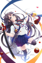 Rule 34 | &gt;:(, 1girl, black hair, black thighhighs, blue eyes, ezu (leejiyu), from behind, frown, full body, holding, jumping, katana, long hair, looking at viewer, original, pleated skirt, school uniform, shoes, simple background, skirt, solo, sword, thighhighs, v-shaped eyebrows, weapon, white background, zettai ryouiki