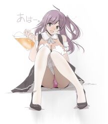 Rule 34 | 1girl, absurdres, alcohol, alternate costume, ass, beer, beer mug, black footwear, breasts, brown eyes, cleavage, cleavage cutout, clothing cutout, commentary request, cup, dirndl, german clothes, hagikaze (kancolle), heart, highres, kantai collection, large breasts, long hair, looking at viewer, mug, oktoberfest, one side up, open mouth, panties, pink panties, purple hair, sitting, solo, tada (tactical tada), thighhighs, underwear, white background, white thighhighs