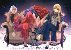 Rule 34 | 1boy, 1girl, alternate costume, ascot, black bow, black choker, blonde hair, blue eyes, blue flower, blue ribbon, bouquet, bow, buttons, caenis (fate), cane, choker, closed mouth, collarbone, couch, dark-skinned female, dark skin, dress, fate/grand order, fate (series), flower, formal, gloves, hair between eyes, hair ribbon, holding, holding cane, jacket, kirschtaria wodime, long hair, looking at another, looking to the side, petals, ponytail, red bow, red dress, red flower, ribbon, side ponytail, sitting, smile, suit, tsengyun, white gloves, white hair