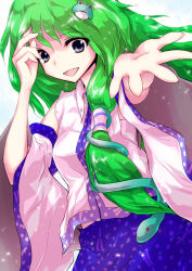 Rule 34 | 1girl, alphes (style), bad id, bad pixiv id, blue eyes, detached sleeves, female focus, frog, green hair, hair ornament, kochiya sanae, light particles, long hair, neo1031, open mouth, outstretched arm, outstretched hand, parody, smile, snake, solo, style parody, touhou