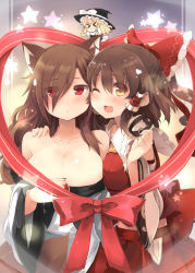 Rule 34 | &gt; &lt;, 3girls, animal ears, bare shoulders, blonde hair, blush, bow, breasts, brooch, brown eyes, brown hair, cleavage, collar, collarbone, cover, detached sleeves, closed eyes, hair bow, hair tubes, hakurei reimu, hat, heart, imaizumi kagerou, jewelry, kirisame marisa, large breasts, long hair, long sleeves, looking at viewer, multiple girls, one eye closed, open mouth, red eyes, shin (new), smile, star (symbol), tail, touhou, witch hat, wolf ears, wolf tail