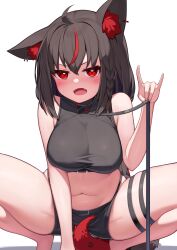 Rule 34 | 1girl, absurdres, ahoge, animal ear fluff, animal ears, bare arms, bare shoulders, barefoot, black collar, black hair, black shirt, black shorts, blush, breasts, collar, commentary request, crop top, deaver, fangs, fox ears, fox girl, fox shadow puppet, fox tail, highres, holding, holding leash, hololive, kurokami fubuki, large breasts, leash, looking at viewer, medium hair, multicolored hair, navel, open mouth, pentagram, red eyes, red hair, shirt, short shorts, shorts, simple background, sleeveless, sleeveless shirt, solo, squatting, stomach, streaked hair, sweatdrop, tail, thigh strap, thighs, tiptoes, virtual youtuber, white background