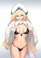 Rule 34 | 1girl, absurdres, bikini, black bikini, blonde hair, breasts, breasts apart, buttofuchan, clothes lift, goblin slayer!, highres, long hair, looking at viewer, medium breasts, mouth hold, multicolored clothes, multicolored headwear, navel, priestess, priestess (goblin slayer!), robe, simple background, solo, standing, string bikini, swimsuit, white background