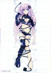 Rule 34 | 1girl, :o, absurdres, barefoot, bdsm, bed sheet, between toes, black thighhighs, blue eyes, blush, bondage, boots, bound, breasts, breasts apart, cable, choujigen game neptune mk2, cleavage, dakimakura (medium), feet, full body, hair ornament, highres, knees together feet apart, long hair, lying, medium breasts, navel, nepgear, neptune (series), official art, on back, purple hair, purple sister, scan, scan artifacts, short shorts, shorts, single thigh boot, solo, tears, thigh boots, thigh gap, thighhighs, toe hold, toes, torn clothes, tsunako, very long hair