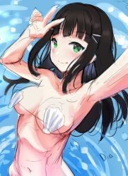Rule 34 | 1girl, absurdres, aqua eyes, artist name, artist request, bare shoulders, bikini, black hair, blue background, blunt bangs, breasts, close-up, collarbone, female focus, green eyes, hair ornament, hairclip, highres, hime cut, kurosawa dia, long hair, looking at viewer, love live!, love live! sunshine!!, medium breasts, mole, mole under mouth, nail polish, pink nails, shell, shell bikini, solo, striped bikini, striped clothes, swimsuit, taking picture, upper body, v