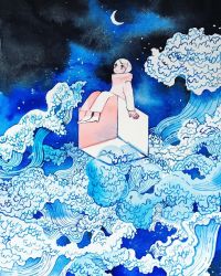 Rule 34 | 1girl, cube, floating, floating object, highres, long sleeves, looking up, maruti bitamin, night, night sky, no nose, original, outdoors, sitting, sky, solo, star (sky), starry sky, waves, white hair