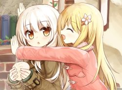Rule 34 | 2girls, :d, ^ ^, baozi, blonde hair, blush, brick wall, brown coat, brown eyes, chestnut mouth, closed eyes, coat, commentary request, flower, food, hair between eyes, hair flower, hair ornament, hairclip, hands up, holding, holding food, hug, long hair, long sleeves, looking at viewer, multiple girls, open mouth, original, parted lips, pink coat, sleeves past wrists, smile, very long hair, white hair, yuuhagi (amaretto-no-natsu)