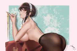 Rule 34 | 1girl, ass, bare shoulders, black hair, black pantyhose, blush, breasts, dagger, dangling, dated, dress, duchessofarmeria, earrings, elbow rest, from side, gold earrings, hairband, highres, holding, holding dagger, holding knife, holding weapon, index finger raised, jewelry, knife, large breasts, leaning on object, looking at viewer, looking to the side, panties, panties under pantyhose, pantyhose, parted lips, profile, red eyes, short hair with long locks, sideboob, sidelocks, signature, solo, spy x family, stiletto (weapon), suitcase, topless, underwear, weapon, white hairband, yor briar