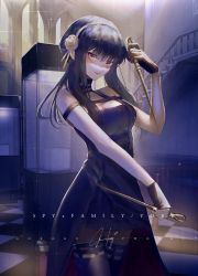 Rule 34 | 1girl, absurdres, bare shoulders, black dress, black hair, black thighhighs, breasts, choker, dress, fingerless gloves, gloves, goroku, hair ornament, highres, holding, holding weapon, indoors, long hair, looking at viewer, red eyes, solo, spy x family, thighhighs, weapon, yor briar