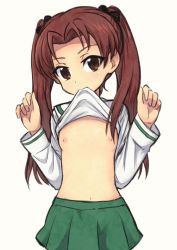 Rule 34 | 10s, 1girl, black bow, blouse, bow, brown eyes, brown hair, clothes in mouth, clothes lift, commentary, cowboy shot, female focus, flat chest, girls und panzer, green skirt, hair bow, head tilt, kadotani anzu, lifted by self, long hair, long sleeves, looking at viewer, meis (terameisu), miniskirt, mouth hold, navel, nipples, no bra, ooarai school uniform, parted bangs, pleated skirt, school uniform, serafuku, shirt, shirt in mouth, shirt lift, simple background, skirt, solo, standing, twintails, w arms, white background, white shirt