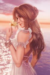 Rule 34 | 1girl, aerith gainsborough, artist name, backless dress, backless outfit, blue eyes, blurry, bracelet, brown hair, cowboy shot, depth of field, dress, final fantasy, final fantasy vii, final fantasy vii remake, flower, frilled dress, frills, from behind, hair bun, highres, holding, holding flower, jewelry, long hair, looking back, mole, mole on body, multiple bracelets, multiple moles, refraction, ria (baka-neearts), solo, sunset, water, white dress, white flower