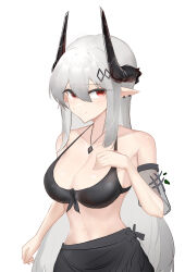 Rule 34 | 1girl, absurdres, arknights, bare shoulders, bikini, black bikini, breasts, cleavage, detached sleeves, grey hair, highres, horns, large breasts, long hair, looking at viewer, mudrock (arknights), mudrock (silent night) (arknights), official alternate costume, pointy ears, red eyes, sarea (sarea2020), sarong, short sleeves, sidelocks, simple background, smile, solo, stomach, swimsuit, upper body, very long hair, white background