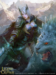 Rule 34 | 1girl, armor, armored boots, blue eyes, boots, breasts, cape, cleavage, copyright name, dated, fangs, fur trim, gloves, ice, legend of the cryptids, long hair, medium breasts, mountain, official art, open mouth, red eyes, silver hair, snow, solo, sword, teiiku (artist), tiger, weapon