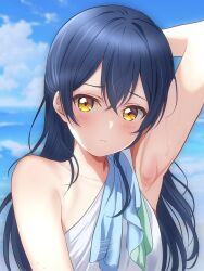 Rule 34 | 1girl, armpits, bare shoulders, blue hair, blue sky, blush, borgbutler, breasts, closed mouth, cloud, cloudy sky, hair between eyes, highres, long hair, love live!, love live! school idol project, outdoors, sky, small breasts, solo, sonoda umi, upper body, yellow eyes