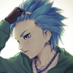 Rule 34 | 1boy, bad id, bad pixiv id, black gloves, blue eyes, blue hair, camus (dq11), collarbone, commentary request, dragon quest, dragon quest xi, earrings, fingerless gloves, from side, gloves, green robe, hand in own hair, jewelry, looking down, looking to the side, male focus, mondi hl, necklace, open mouth, portrait, robe, short hair, simple background, solo, white background