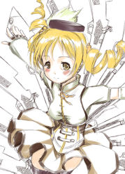 Rule 34 | 10s, 1girl, beret, blonde hair, blush, breasts, detached sleeves, drill hair, fingerless gloves, gloves, gun, hair ornament, hairpin, hat, kobiyuun, magical girl, magical musket, mahou shoujo madoka magica, mahou shoujo madoka magica (anime), pleated skirt, ribbon, rifle, skirt, smile, solo, striped clothes, striped thighhighs, thighhighs, tomoe mami, tomoe mami (magical girl), twin drills, twintails, vertical-striped clothes, vertical-striped thighhighs, weapon, zettai ryouiki