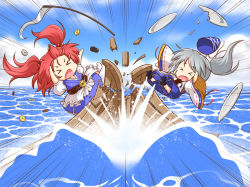 Rule 34 | &gt; &lt;, 2girls, boat, broken, chibi, coin, crash, emphasis lines, closed eyes, falling, grey hair, hair bobbles, hair ornament, hat, japanese clothes, long sleeves, mazume, mononobe no futo, multiple girls, ocean, onozuka komachi, plate, ponytail, red hair, scythe, shoes, unworn shoes, short hair, tate eboshi, touhou, twintails, two side up, water, watercraft, wide sleeves
