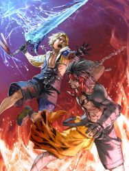 Rule 34 | 2boys, abs, beard, black gloves, black hair, blonde hair, facial hair, father and son, fighting, final fantasy, final fantasy x, fire, gauntlets, gloves, glowing, glowing sword, glowing weapon, headband, highres, hood, jecht, jewelry, multiple boys, necklace, nexeee, open mouth, parent and child, shorts, single gauntlet, suspenders, sword, tattoo, tidus, water, weapon