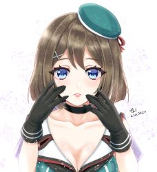 Rule 34 | 1girl, artist logo, beret, black gloves, blue eyes, breasts, brown hair, cleavage, dated, gloves, hair ornament, hairclip, hat, highres, kantai collection, lipstick, looking at viewer, makeup, maya (kancolle), maya kai ni (kancolle), medium breasts, parted lips, short hair, sleeveless, solo, sparkle, tk8d32, upper body, white background, x hair ornament