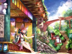 Rule 34 | 1girl, :d, animal ears, blue sky, bug, butterfly, cat tail, cloud, day, gawako, hair rings, highres, insect, lantern, maneki-neko, open mouth, origami, original, painting (object), paper crane, paper lantern, plant, red hair, scenery, sign, sitting, sky, smile, solo, stairs, statue, tail, torii