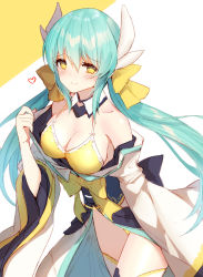 Rule 34 | 1girl, aqua hair, bare shoulders, bikini, bison cangshu, blush, breasts, cleavage, fate/grand order, fate (series), heart, horns, japanese clothes, kimono, kiyohime (fate), kiyohime (fate/grand order), kiyohime (swimsuit lancer) (fate), kiyohime (swimsuit lancer) (first ascension) (fate), large breasts, long hair, looking at viewer, smile, solo, swimsuit, white legwear, yellow bikini, yellow eyes