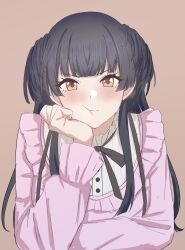 Rule 34 | 1girl, black hair, black ribbon, blunt bangs, blush, brown eyes, frilled sleeves, frills, hand on own cheek, hand on own face, hatorika siso, highres, idolmaster, idolmaster shiny colors, long hair, long sleeves, looking at viewer, mayuzumi fuyuko, neck ribbon, pout, ribbon, solo, two side up, upper body, v-shaped eyebrows
