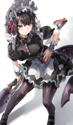 1girl black_dress black_hair breasts colored_inner_hair dress ellen_joe fins fish_tail hand_on_own_hip highres holding holding_weapon large_breasts looking_at_viewer maid maid_headdress mole mole_under_eye multicolored_hair nail_polish nimiru_namire pantyhose puffy_sleeves red_eyes red_hair red_nails shark_tail short_hair short_sleeves solo tail weapon zenless_zone_zero