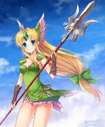 Rule 34 | 1girl, 2019, armor, blonde hair, blue eyes, blue sky, bow, breasts, bridal gauntlets, cleavage, closed mouth, cloud, collarbone, covered navel, dated, day, dress, forehead jewel, green bow, green dress, hair bow, holding, holding polearm, holding spear, holding weapon, long hair, looking at viewer, low-tied long hair, noma (kifyz23), outdoors, pauldrons, polearm, riesz, seiken densetsu, seiken densetsu 3, short dress, shoulder armor, sidelocks, sky, small breasts, smile, solo, spear, strapless, strapless dress, twitter username, two-handed, very long hair, weapon