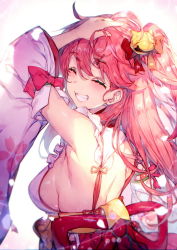 Rule 34 | 1girl, ^ ^, ahoge, arm up, bare shoulders, bell, blush, breasts, clenched teeth, closed eyes, detached sleeves, floral print, grin, hair bell, hair between eyes, hair ornament, hairclip, halterneck, hololive, japanese clothes, kimono, large breasts, long hair, nontraditional miko, obi, one side up, pink hair, redcomet, sakura miko, sakura miko (1st costume), sash, sideboob, smile, solo, teeth, virtual youtuber, x hair ornament