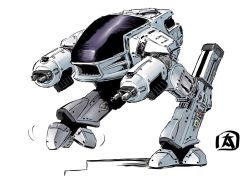 Rule 34 | arm cannon, canopy, ed-209, from side, mecha, no humans, non-humanoid robot, ohtagaki yasuo, robocop, robot, science fiction, simple background, solo, stairs, walker (robot), walking, weapon, white background