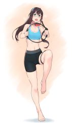 Rule 34 | 1girl, alternate costume, bare shoulders, barefoot, bike shorts, black hair, black shorts, blush, breasts, collarbone, commentary request, exercising, full body, glasses, green eyes, hairband, highres, kantai collection, leg up, long hair, looking at viewer, navel, ooyodo (kancolle), open mouth, ring-con, ring fit adventure, semi-rimless eyewear, shorts, simple background, small breasts, solo, sports bra, standing, standing on one leg, sweat, thigh strap, under-rim eyewear, white background, yuuji (and)