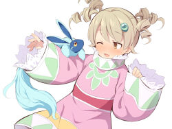 Rule 34 | 1girl, ;d, blush, brown eyes, brown hair, cosplay request, dress, drill hair, idolmaster, idolmaster cinderella girls, long sleeves, morikubo nono, one eye closed, open mouth, pinching sleeves, pink dress, quad tails, simple background, sleeves past wrists, smile, solo, uccow, white background, wide sleeves