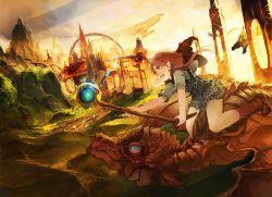 Rule 34 | 1girl, building, dragon, fantasy, flying, hat, highres, light particles, magic, mountain, open mouth, original, red hair, riding, shirorin (ballet girl&#039;s), short hair, smile, solo, staff, witch hat, wizard, yellow eyes
