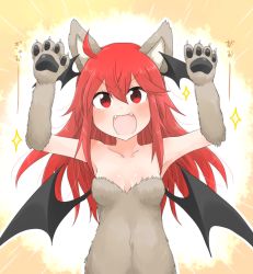 Rule 34 | &gt;:d, 1girl, :d, ahoge, animal costume, animal ears, arms up, bare shoulders, bat wings, blush, breasts, claw pose, claws, cleavage, collarbone, commentary request, dog costume, dog ears, elbow gloves, eyebrows, fangs, gloves, halloween, head wings, koakuma, long hair, looking at viewer, low wings, nobamo pieruda, open mouth, red eyes, red hair, sidelocks, simple background, small breasts, smile, solo, sparkle, touhou, translated, upper body, v-shaped eyebrows, wings, yellow background