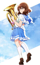 Rule 34 | 1girl, absurdres, blue sailor collar, blue skirt, blue sky, brown eyes, brown footwear, brown hair, closed mouth, cloud, cloudy sky, euphonium, from side, hibike! euphonium, highres, holding, holding instrument, instrument, kengo kumaxile, kitauji high school uniform, kneehighs, loafers, looking at viewer, looking back, miniskirt, neckerchief, oumae kumiko, pink neckerchief, pleated skirt, sailor collar, school uniform, serafuku, shirt, shoes, short hair, short sleeves, silhouette, skirt, sky, smile, socks, solo, standing, standing on one leg, summer uniform, white shirt, white socks
