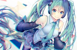 Rule 34 | 1girl, black sleeves, black thighhighs, blue eyes, blurry, blurry background, blush, breasts, chromatic aberration, closed mouth, collared shirt, commentary request, depth of field, detached sleeves, green hair, green necktie, grey shirt, hatsune miku, headphones, long hair, long sleeves, looking at viewer, medium breasts, nail polish, necktie, shiomizu (swat), shirt, skirt, sleeveless, sleeveless shirt, sleeves past wrists, smile, solo, standing, thighhighs, tie clip, twintails, very long hair, vocaloid, wide sleeves, zettai ryouiki