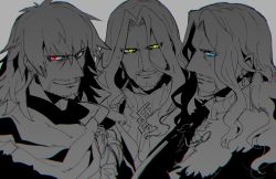 Rule 34 | 10s, 3boys, blue eyes, fate/apocrypha, fate/extra, fate/grand order, fate (series), glowing, hair between eyes, koshiro itsuki, long hair, male focus, monochrome, multiple boys, red eyes, simple background, spot color, vlad iii (fate/apocrypha), vlad iii (fate/extra), yellow eyes