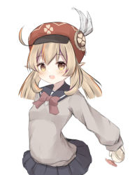 Rule 34 | 1girl, :d, bad id, bad pixiv id, black sailor collar, black skirt, blush, bow, breasts, brown bow, brown eyes, brown hair, cabbie hat, child, feathers, genshin impact, grey sweater, hair between eyes, hat, hat feather, holding, klee (genshin impact), long hair, long sleeves, looking at viewer, low twintails, open mouth, pleated skirt, pointy ears, red hat, risu (ritharte), sailor collar, school uniform, serafuku, simple background, skirt, sleeves past wrists, small breasts, smile, solo, sweater, teeth, twintails, upper teeth only, white background, white feathers