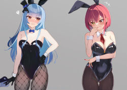 Rule 34 | 2girls, absurdres, animal ears, between breasts, black gloves, black leotard, black pantyhose, blue hair, blush, breasts, cleavage, closed mouth, collar, detached collar, fake animal ears, fishnet pantyhose, fishnets, gloves, hand on own hip, heterochromia, highres, hololive, houshou marine, large breasts, leotard, long hair, melow menow, multiple girls, nail polish, necktie, necktie between breasts, open mouth, pantyhose, playboy bunny, rabbit ears, red eyes, red hair, red nails, red necktie, short hair, small breasts, smile, strapless, strapless leotard, usada pekora, virtual youtuber, white collar, white wrist cuffs, wrist cuffs, yellow eyes