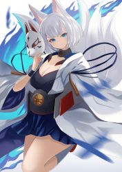 Rule 34 | 1girl, animal ears, azur lane, blue eyes, blunt bangs, blush, breasts, cleavage, commentary request, eyeshadow, fox ears, fox girl, fox mask, fox tail, highres, holding, holding mask, japanese clothes, kaga (azur lane), kimono, kitsune, kyuubi, large breasts, long hair, looking at viewer, makeup, manjirou (manji illust), mask, multiple tails, pleated skirt, revision, short hair, sidelocks, simple background, skirt, smile, solo, tail, white background, white hair, wide sleeves