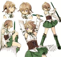 Rule 34 | 1girl, animal ears, arms up, bad id, bad pixiv id, blouse, boots, bow, brown hair, corset, cross-laced footwear, detached sleeves, furorida, green footwear, green ribbon, green skirt, knee boots, lace-up boots, leaning back, looking at viewer, looking up, mahou shoujo madoka magica, mahou shoujo madoka magica online, original, purple eyes, ribbon, shirt, short hair, simple background, sketch, skirt, white background