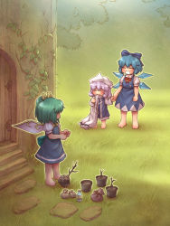 Rule 34 | 3girls, :d, ^ ^, aged down, bag, barefoot, biting, blue bow, blue dress, blue hair, blue skirt, blue wings, blush, bottle, bow, child, cirno, clenched hands, closed eyes, collared shirt, daiyousei, door, dress, female focus, grass, green bow, green hair, hair bow, hat, holding, holding clothes, holding hands, ice, ice wings, legs apart, letty whiterock, light purple hair, long sleeves, looking at another, mouth hold, multiple girls, neck ribbon, one side up, open mouth, outdoors, pants, plant, potted plant, puffy short sleeves, puffy sleeves, purple hair, red ribbon, ribbon, sankuma, shirt, short hair, short sleeves, shorts, skirt, skirt set, smile, stairs, standing, touhou, unworn pants, vines, white hat, white shirt, wings, yellow bow