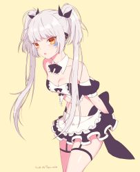 Rule 34 | 1girl, :o, apron, artist name, bad id, bad pixiv id, bare shoulders, black bow, black skirt, blush, bow, breasts, cleavage, detached collar, detached sleeves, elsword, eve (elsword), facepaint, facial mark, frilled skirt, frills, gloves, grater, grey hair, hair bow, hair ornament, highres, long hair, maid, open mouth, orange eyes, puffy short sleeves, puffy sleeves, ribbon, ryu nim, short sleeves, simple background, skirt, solo, stomach, strapless, twintails, waist apron, white apron, wrist cuffs, yellow background