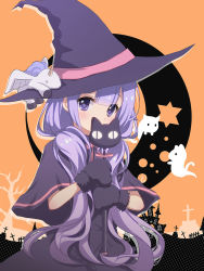 Rule 34 | &lt;|&gt; &lt;|&gt;, 1girl, animal hands, azur lane, black capelet, black dress, black gloves, black hat, brown background, capelet, commentary request, covered mouth, crescent moon, dress, fur-trimmed gloves, fur trim, ghost, gloves, halloween, hat, holding, long hair, looking at viewer, low twintails, moon, paw gloves, purple eyes, purple hair, solo, stuffed animal, stuffed toy, stuffed winged unicorn, sukireto, twintails, unicorn (azur lane), upper body, very long hair, witch hat