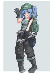 Rule 34 | 1girl, :d, alternate costume, backpack, bag, belt, belt buckle, black gloves, blue bag, blue belt, blue eyes, blue hair, blue shirt, blush, breasts, buckle, chinese commentary, collarbone, commentary request, fengzhong yuntuan, flat cap, full body, gloves, green bag, green hat, grey footwear, grey pants, hammer, hand up, hat, highres, kawashiro nitori, medium breasts, medium hair, open mouth, pants, shirt, simple background, sleeveless, sleeveless shirt, smile, solo, touhou, twintails, waving, wrench