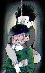 Rule 34 | 10s, 2boys, age comparison, aged down, carrying, dual persona, green eyes, hood, hoodie, male focus, matsuno choromatsu, monochrome, multiple boys, no pupils, osomatsu-kun, osomatsu-san, osomatsu (series), partially colored, shoulder carry, spiked hair, sweat, translation request
