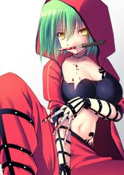 Rule 34 | 1girl, between fingers, blood, blood in hair, blood on breasts, blood on face, bloody knife, breasts, cleavage, green hair, hair between eyes, hikage (senran kagura), holding, hood, hood up, knife, large breasts, mouth hold, nanami neru, navel, pants, red pants, senran kagura, short hair, simple background, solo, tattoo, white background, yellow eyes