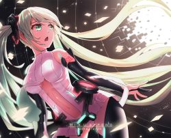 Rule 34 | 10s, 1girl, 2015, bridal gauntlets, bu li, center opening, character name, dated, floating hair, green eyes, green hair, hatsune miku, hatsune miku (append), long hair, matching hair/eyes, navel, necktie, open mouth, solo, twintails, very long hair, vocaloid, vocaloid append